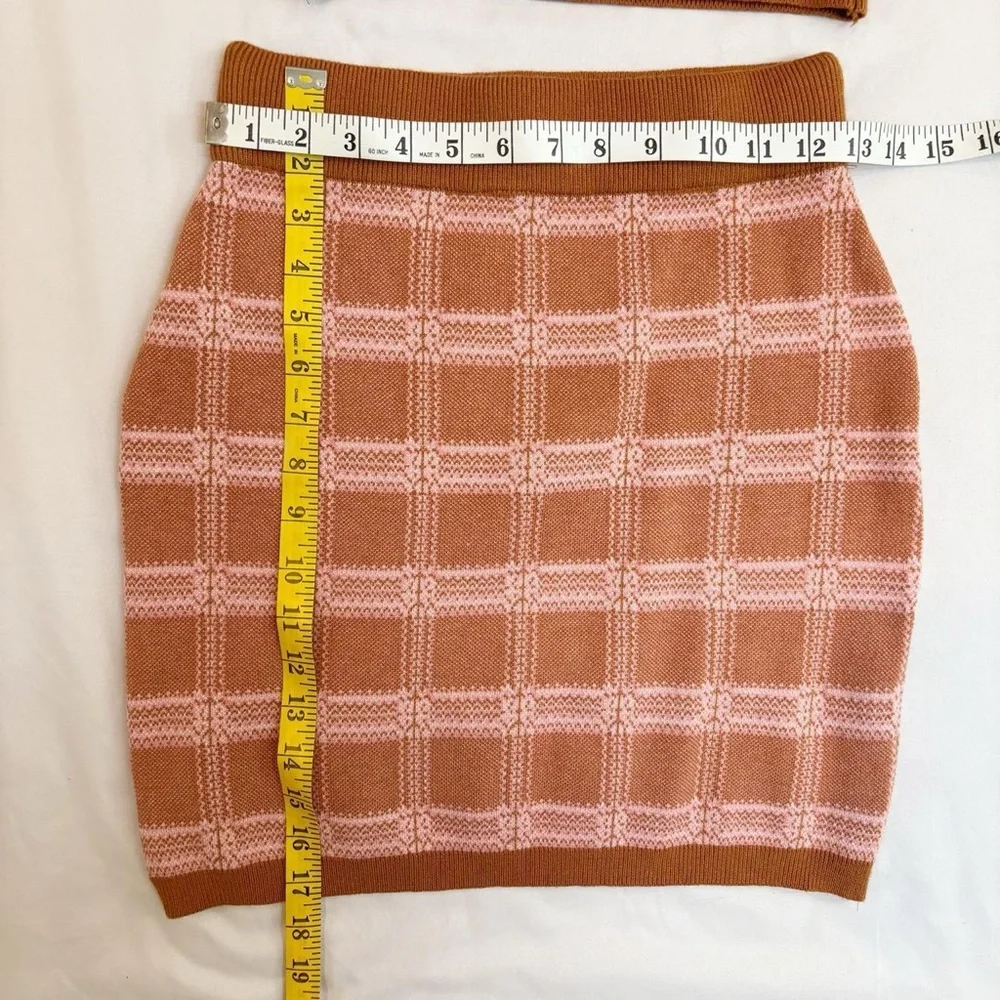 Pink and Tan Brown Plaid Tartan Knit Skirt Set- Cropped Tank Top and Skirt - Picture 6 of 8